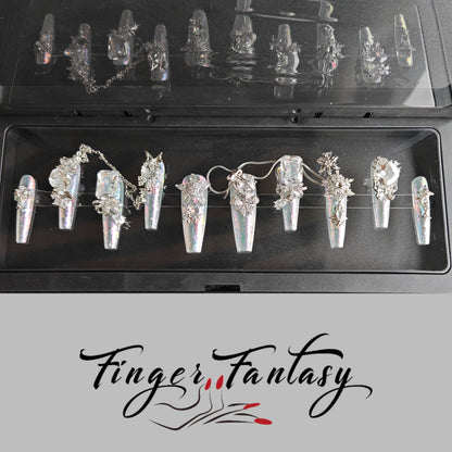 Finger Fantasy- Crystal Fantasy Luxury Rhinestone Handmade Press-On Nail Set with Gift Box & Greeting Card, 10pcs Elegant Nail Art Kit for Manicure, Perfect for Gifts and Holiday Glam(DM0119-120)