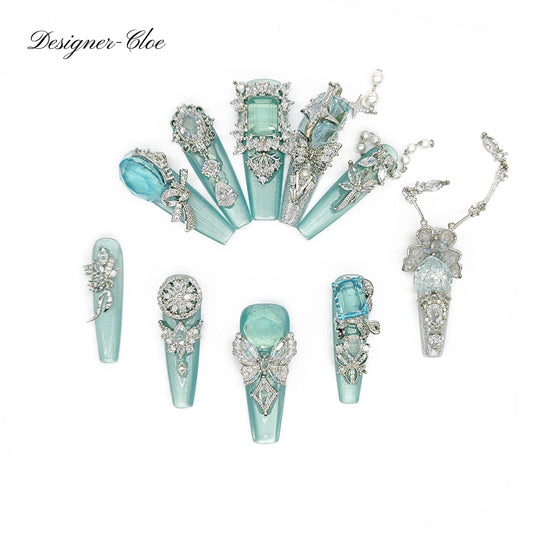 Finger Fantasy- Crystal Fantasy Luxury Rhinestone Handmade Press-On Nail Set with Gift Box & Greeting Card, 10pcs Elegant Nail Art Kit for Manicure, Perfect for Gifts and Holiday Glam(DM0054-57)