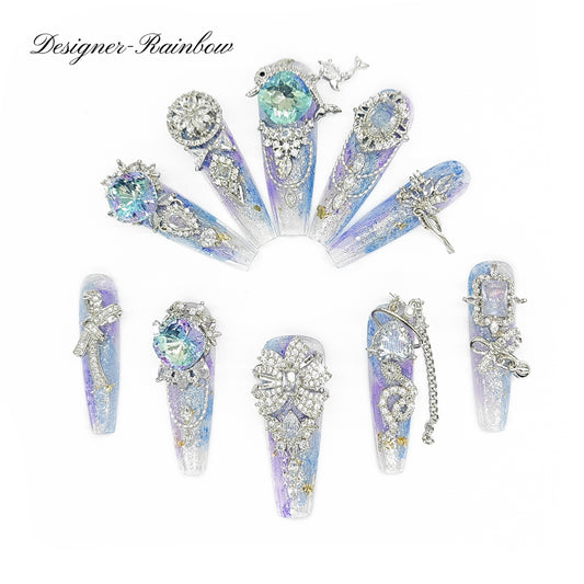 Finger Fantasy- Crystal Fantasy Luxury Rhinestone Handmade Press-On Nail Set with Gift Box & Greeting Card, 10pcs Elegant Nail Art Kit for Manicure, Perfect for Gifts and Holiday Glam(DM0083/89/90)