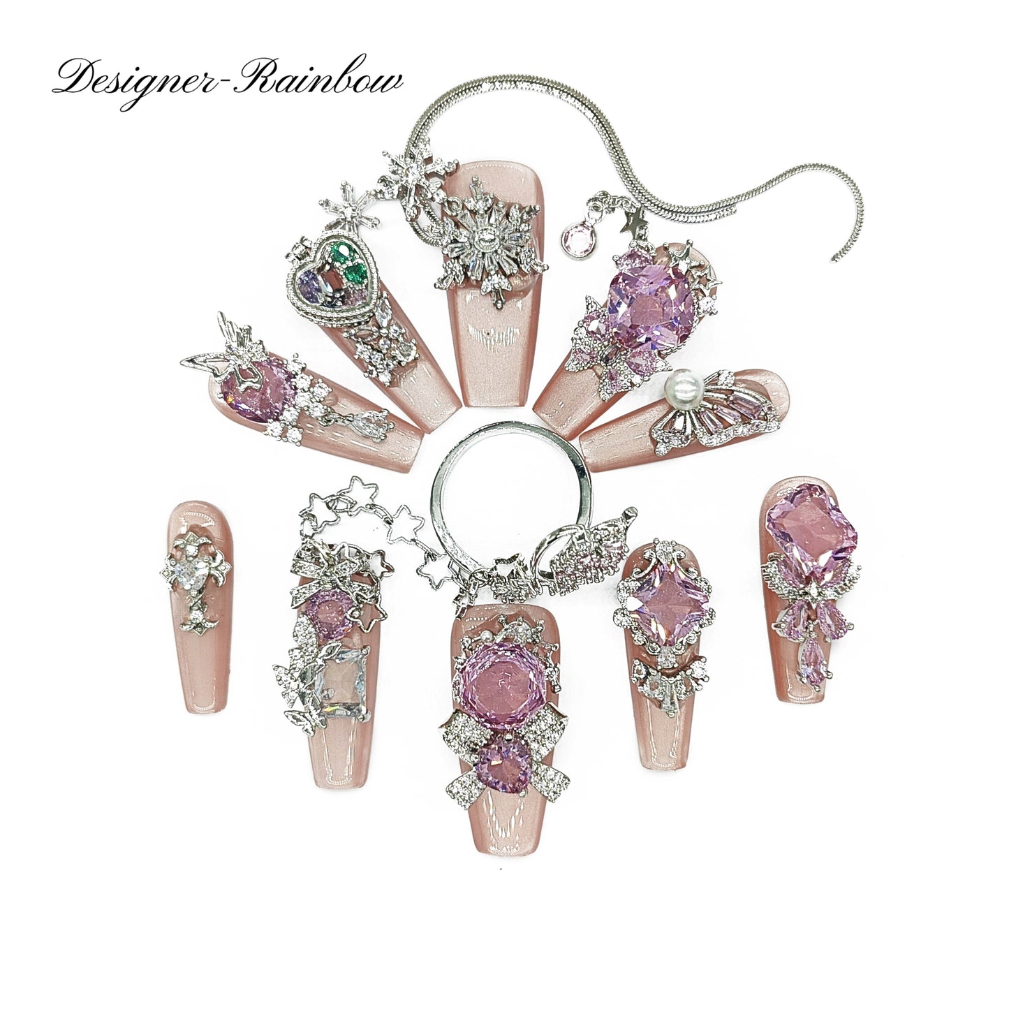 D82Finger Fantasy- Crystal Fantasy Luxury Rhinestone Handmade Press-On Nail Set with Gift Box & Greeting Card, 10pcs Elegant Nail Art Kit for Manicure, Perfect for Christmas Gift and Holiday Glam(DM0082)