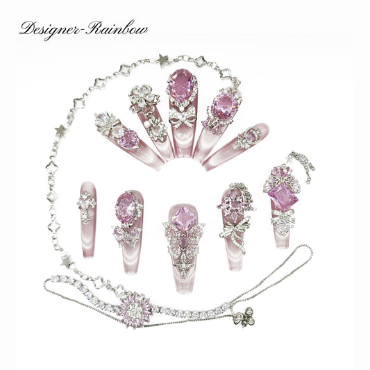 D58FingerFantasy- Crystal Fantasy Luxury Rhinestone Handmade Press-On Nail Set with Gift Box & Greeting Card, 10pcs Elegant Nail Art Kit for Manicure, Perfect for Christmas Gift and Holiday Glam（DM0058）