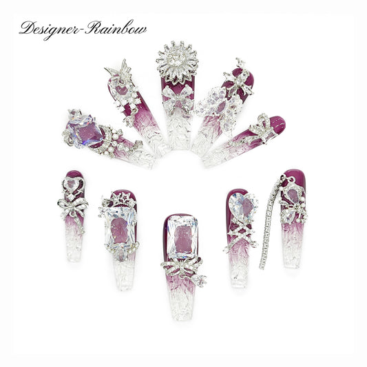 D104Finger Fantasy- Crystal Fantasy Luxury Rhinestone Handmade Press-On Nail Set with Gift Box & Greeting Card, 10pcs Elegant Nail Art Kit for Manicure, Perfect for Christmas Gift and Holiday Glam(DM0104)