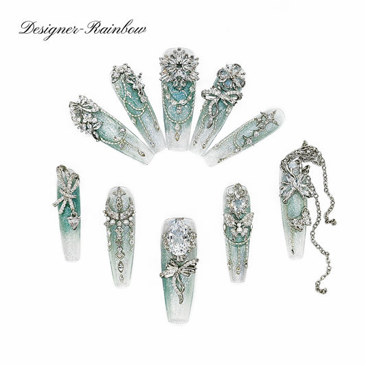 D107Finger Fantasy- Crystal Fantasy Luxury Rhinestone Handmade Press-On Nail Set with Gift Box & Greeting Card, 10pcs Elegant Nail Art Kit for Manicure, Perfect for Christmas Gift and Holiday Glam(DM0107)