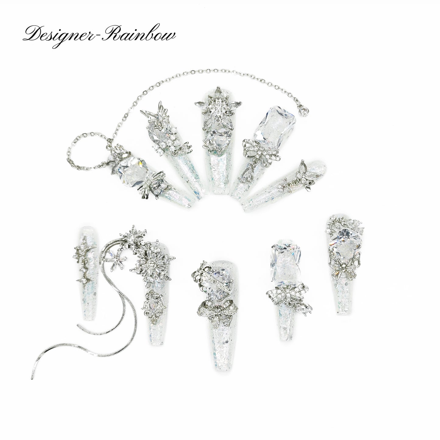 Finger Fantasy- Crystal Fantasy Luxury Rhinestone Handmade Press-On Nail Set with Gift Box & Greeting Card, 10pcs Elegant Nail Art Kit for Manicure, Perfect for Gifts and Holiday Glam(DM0119-120)