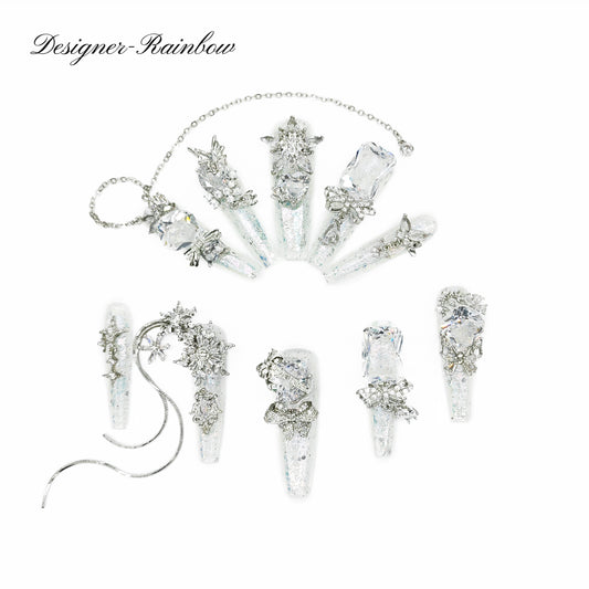 Finger Fantasy- Crystal Fantasy Luxury Rhinestone Handmade Press-On Nail Set with Gift Box & Greeting Card, 10pcs Elegant Nail Art Kit for Manicure, Perfect for Gifts and Holiday Glam(DM0119-120)