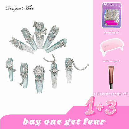 D122Finger Fantasy- Crystal Fantasy Luxury Rhinestone Handmade Press-On Nail Set with Gift Box & Greeting Card, 10pcs Elegant Nail Art Kit for Manicure, Perfect for Christmas Gift and Holiday Glam(DM0122/125)