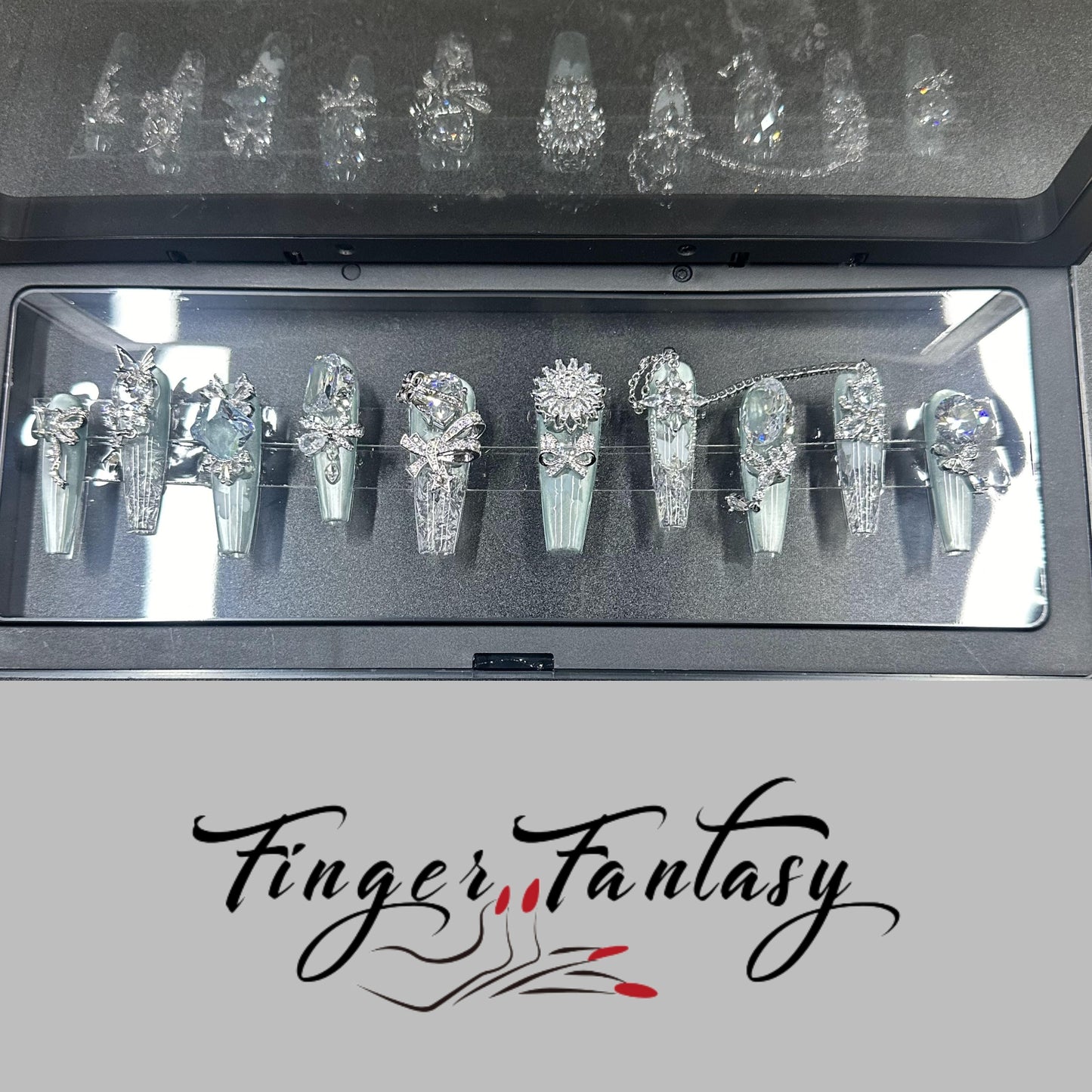 D122Finger Fantasy- Crystal Fantasy Luxury Rhinestone Handmade Press-On Nail Set with Gift Box & Greeting Card, 10pcs Elegant Nail Art Kit for Manicure, Perfect for Christmas Gift and Holiday Glam(DM0122/125)